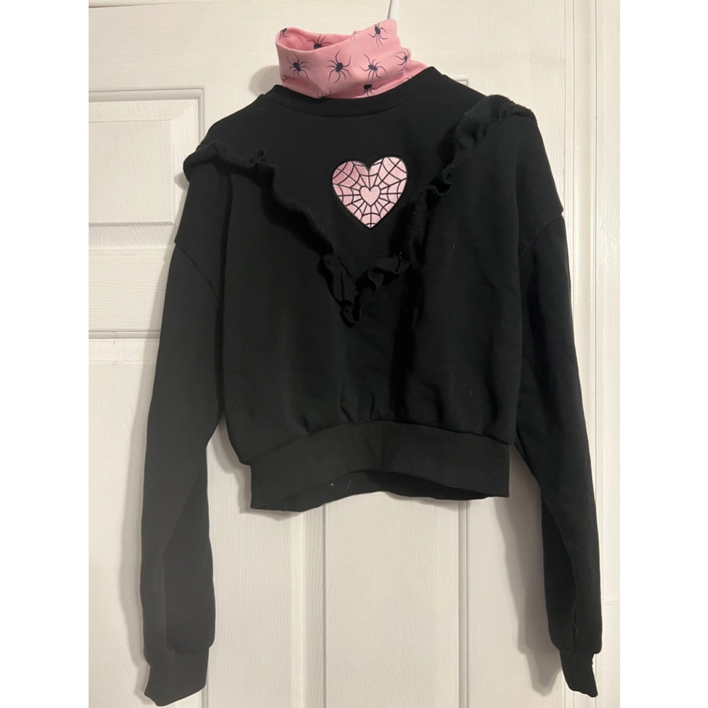 Dolls Kill Black Cropped Ruffle Heart Crewneck with Pink Heart Detail